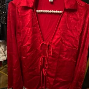Red Satin Tie-Front Blouse